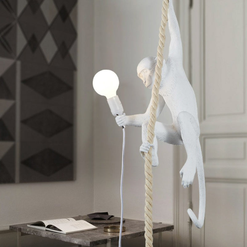 Monkey Resin Pendant Lamp With Hanging Rope - Artistic Ceiling Light Sculpture 1 Bulb