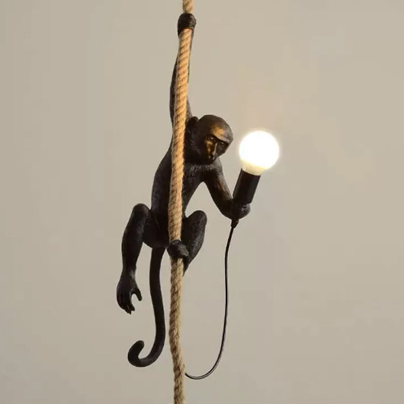 Monkey Resin Pendant Lamp With Hanging Rope - Artistic Ceiling Light Sculpture 1 Bulb