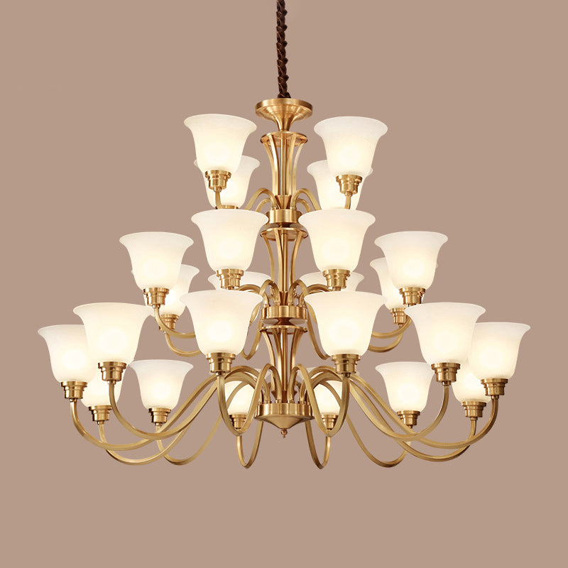 Vintage Brass Pendant Chandelier With Frosted Glass For Flared Stair Ceilings