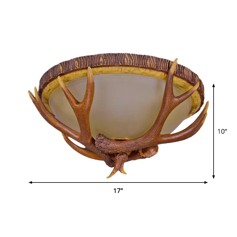 Farmhouse Brown Frosted Glass Ceiling Light with Antler Deco - 3-Light Dome Flush Mount Fixture