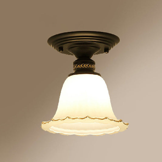 Vintage Ivory Glass Flared Ceiling Light with 1 Bulb - Semi Mount Black Fixture