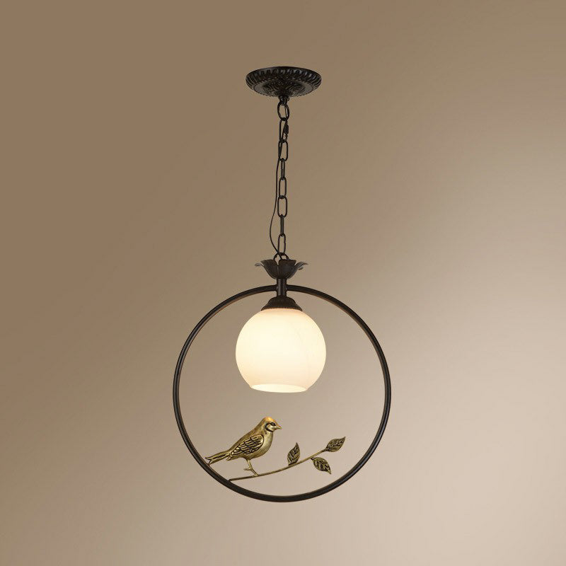 Rustic Metal Pendant Light With Milk Glass Dome Shade - Country Style Hanging Lamp Black
