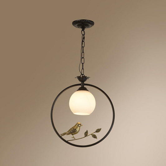Rustic Metal Pendant Light With Milk Glass Dome Shade - Country Style Hanging Lamp Black
