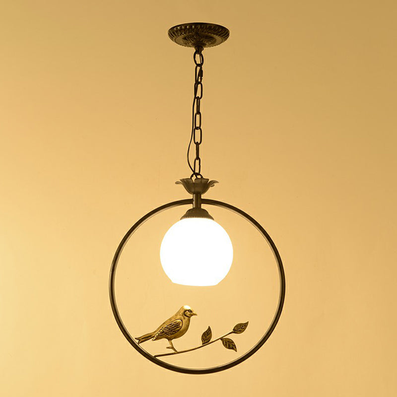 Rustic Metal Pendant Light With Milk Glass Dome Shade - Country Style Hanging Lamp
