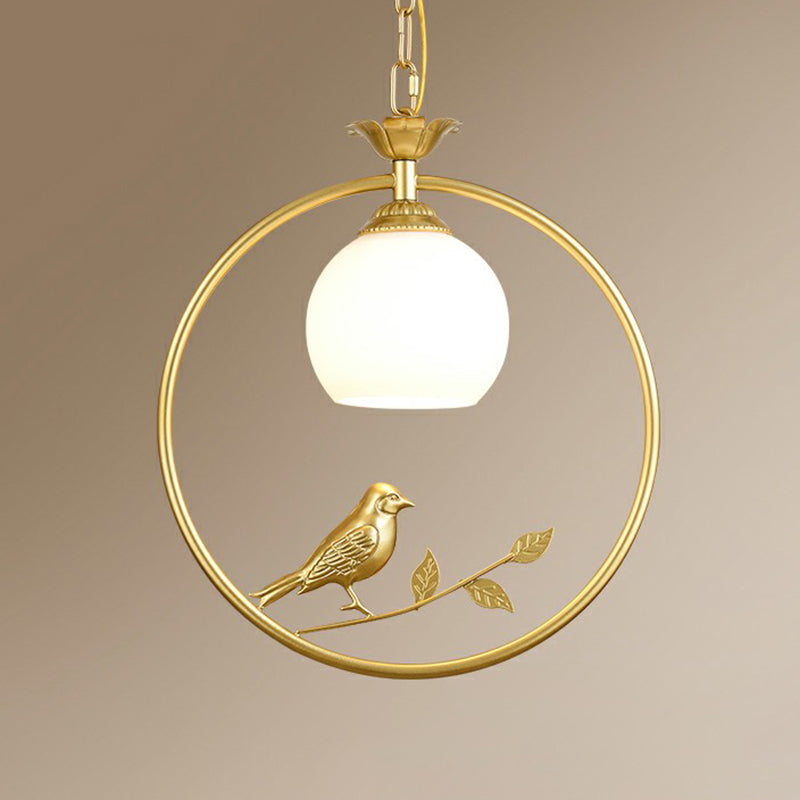 Rustic Metal Pendant Light With Milk Glass Dome Shade - Country Style Hanging Lamp