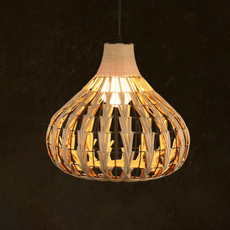 Rattan Cage Pendulum Light Rustic 1-Bulb Beige Ceiling Fixture For Restaurants