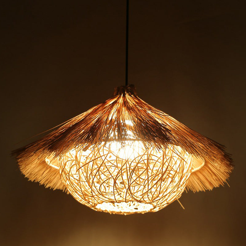 Rattan Cage Pendulum Light Rustic 1-Bulb Beige Ceiling Fixture For Restaurants