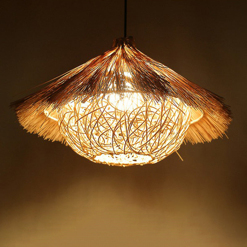 Rattan Cage Pendulum Light Rustic 1-Bulb Beige Ceiling Fixture For Restaurants / B