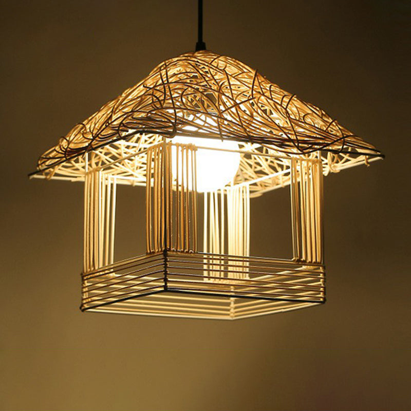 Rattan Cage Pendulum Light Rustic 1-Bulb Beige Ceiling Fixture For Restaurants