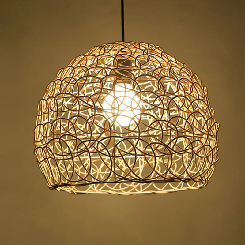Rattan Cage Pendulum Light Rustic 1-Bulb Beige Ceiling Fixture For Restaurants / C