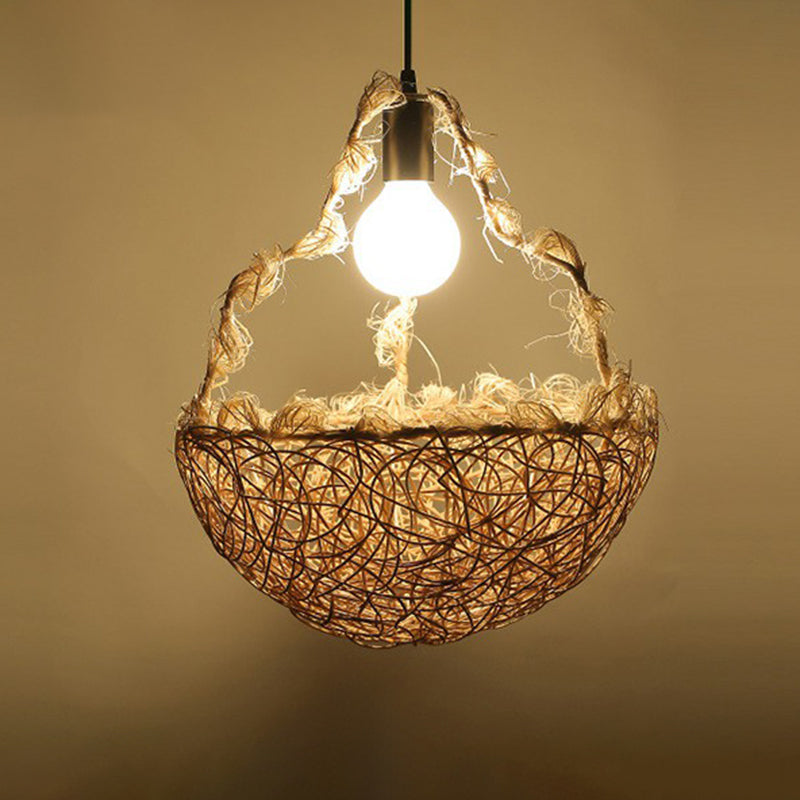 Rattan Cage Pendulum Light Rustic 1-Bulb Beige Ceiling Fixture For Restaurants / D