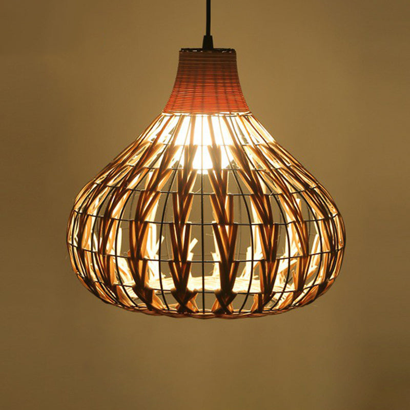Rattan Cage Pendulum Light Rustic 1-Bulb Beige Ceiling Fixture For Restaurants / E