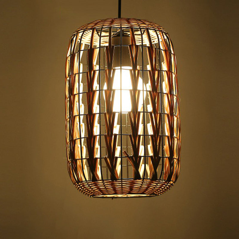 Rattan Cage Pendulum Light Rustic 1-Bulb Beige Ceiling Fixture For Restaurants / F