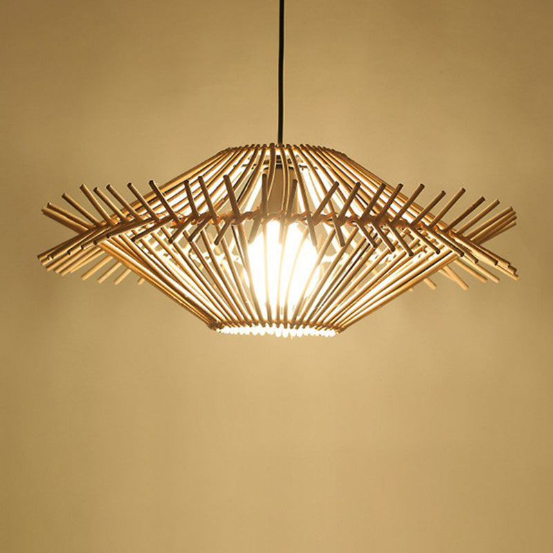 Rattan Cage Pendulum Light Rustic 1-Bulb Beige Ceiling Fixture For Restaurants