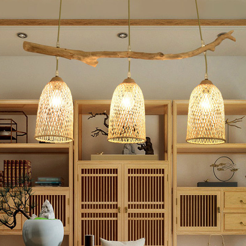 Lodge Style Wood Pendant Light With Bamboo Shade - 3-Bulb Island Lamp For Restaurants