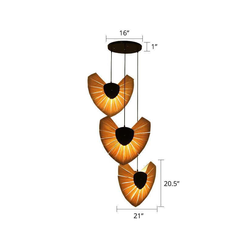 Botanic Wood Veneer Pendant Lamp - South-East Asia 3-Light Beige Ceiling Light / Triangle