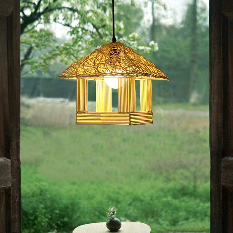 Asian Bamboo 1-Light House Shaped Pendant Light For Restaurants - Beige / 12