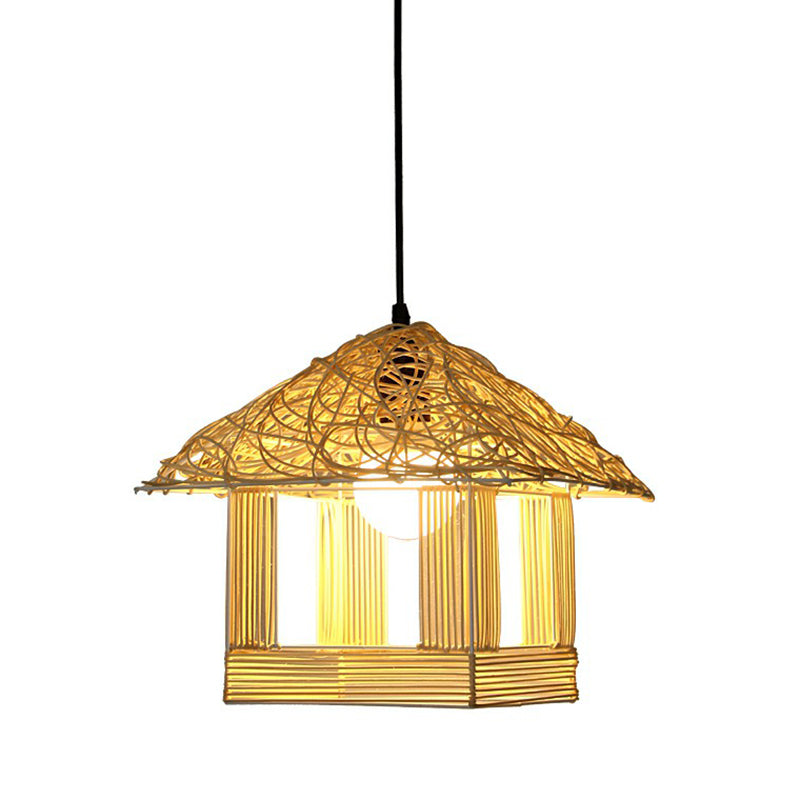 Asian Bamboo 1-Light House Shaped Pendant Light For Restaurants - Beige