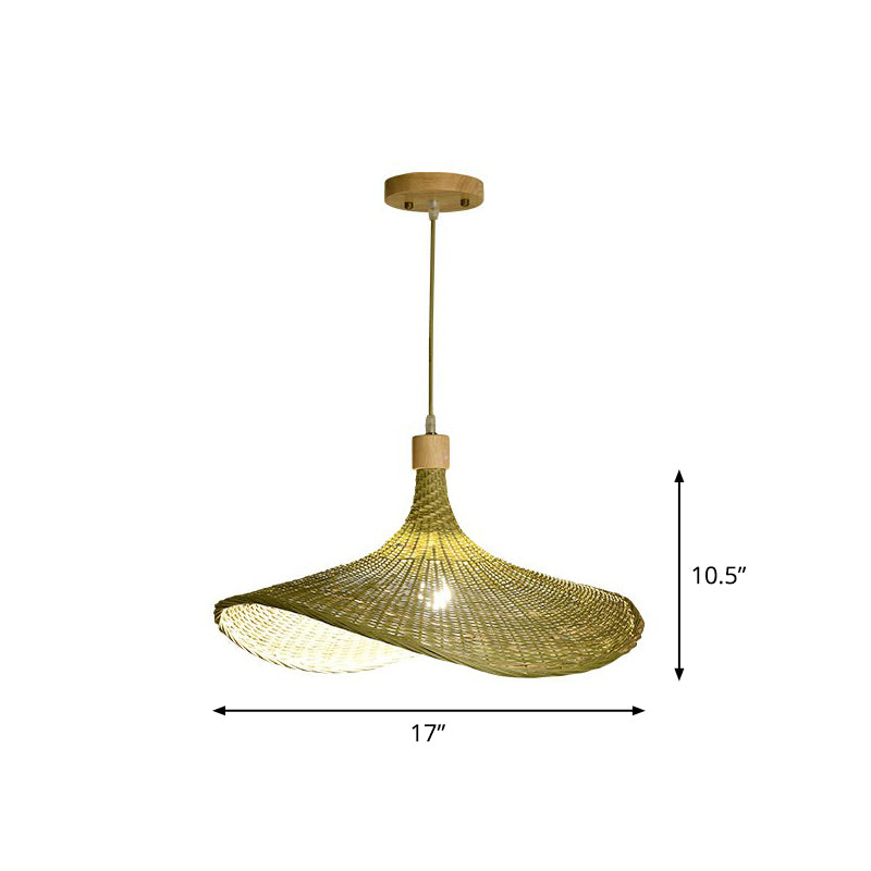 South-East Asia Bamboo Fiber Pendant Light: Green-Yellow Straw Hat Shape / Medium A