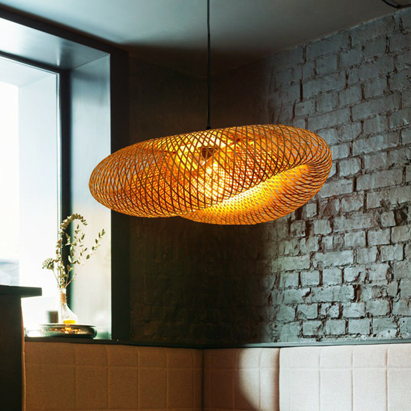 Modern Bamboo Hand-Worked Hanging Ceiling Light - Beige Pendant Lamp With 1 Bulb
