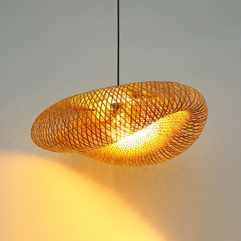 Modern Bamboo Hand-Worked Hanging Ceiling Light - Beige Pendant Lamp With 1 Bulb