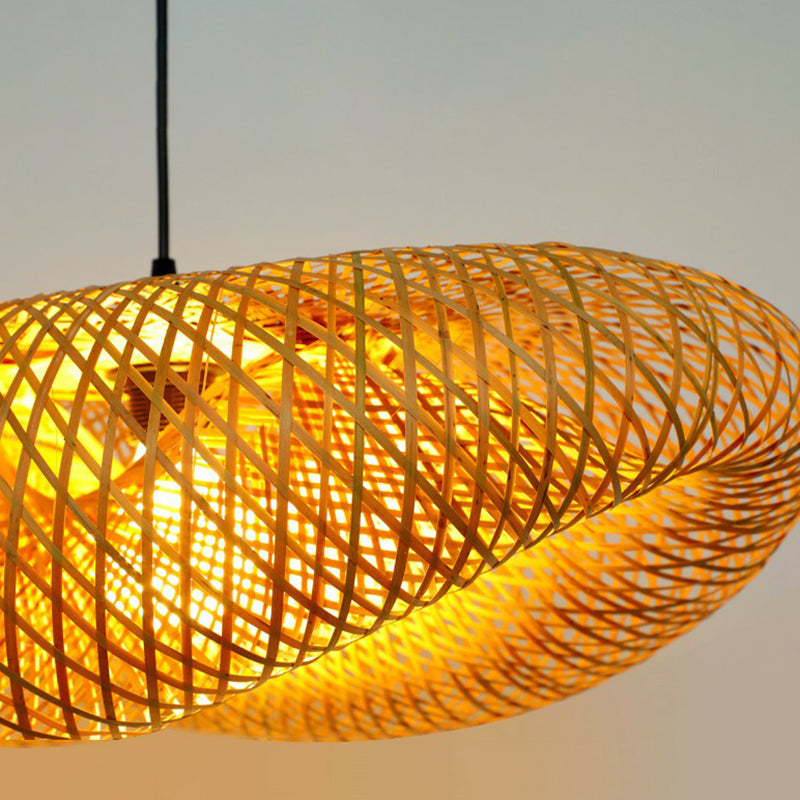 Modern Bamboo Hand-Worked Hanging Ceiling Light - Beige Pendant Lamp With 1 Bulb