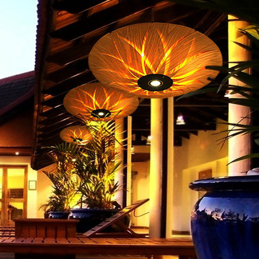 Lotus Leaf Shaped Wood Veneer Ceiling Light - South-East Asian 1 Head Pendant