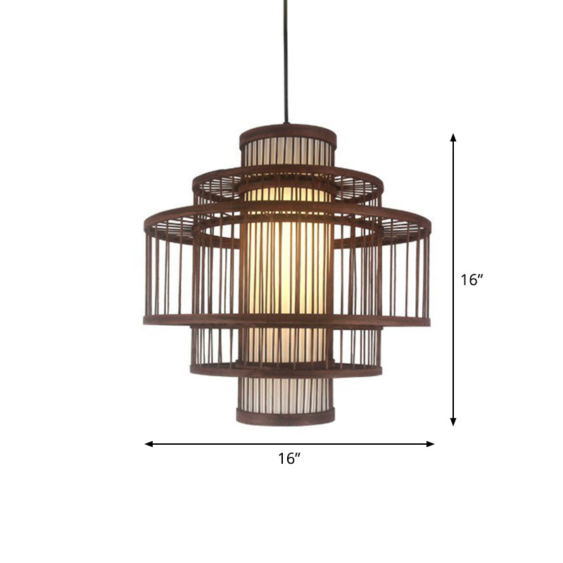 Contemporary Bamboo Cage Hanging Lamp With Coffee Finish And Single Bulb Suspension