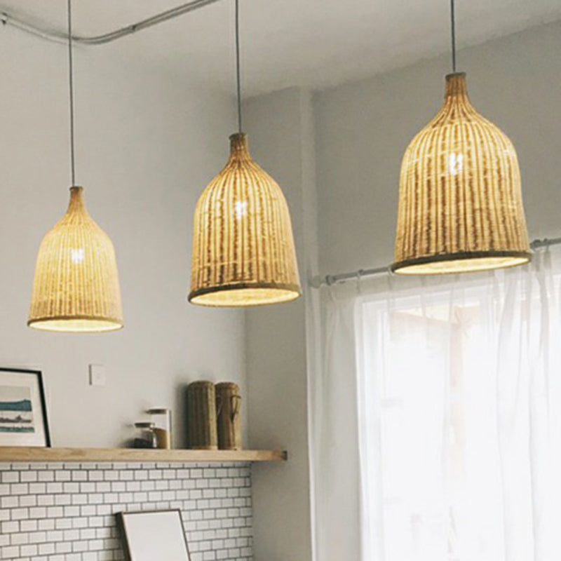 Bamboo Pendant Light Fixture - Asian Cloche Style For Dining Room