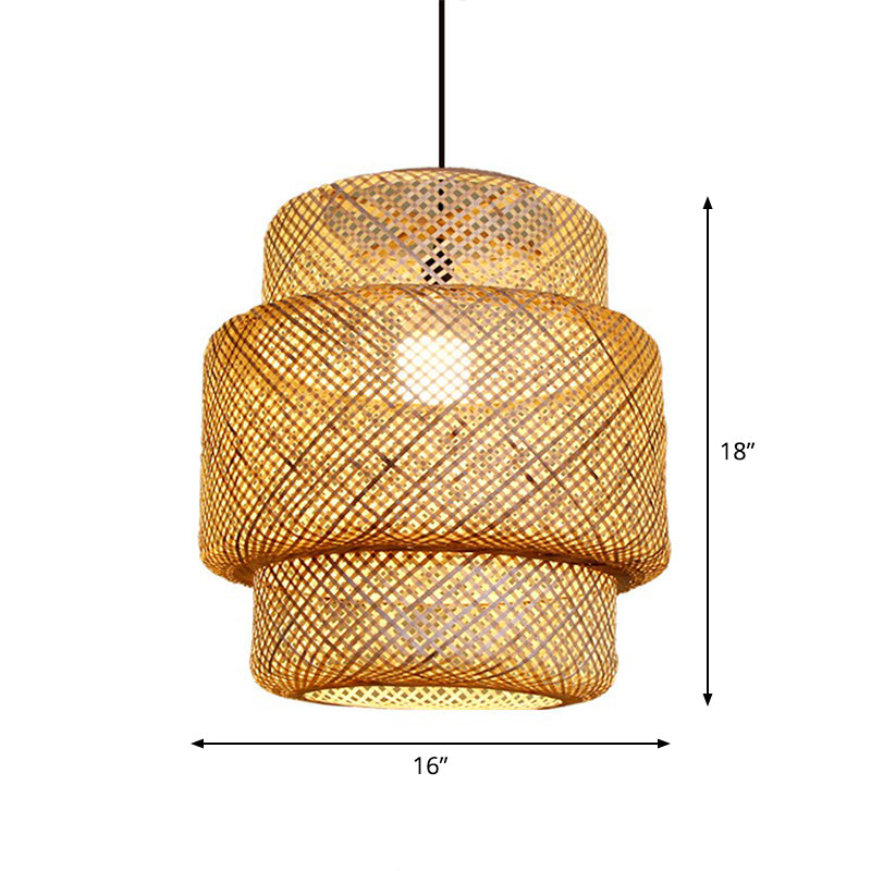 Asia Bamboo Lantern Ceiling Pendant Light - 1-Light Beige Lamp For Corridor