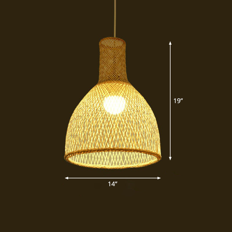 Bamboo Woven Shade Ceiling Light - Minimalistic 1-Head Beige Suspension Pendant / Trumpet