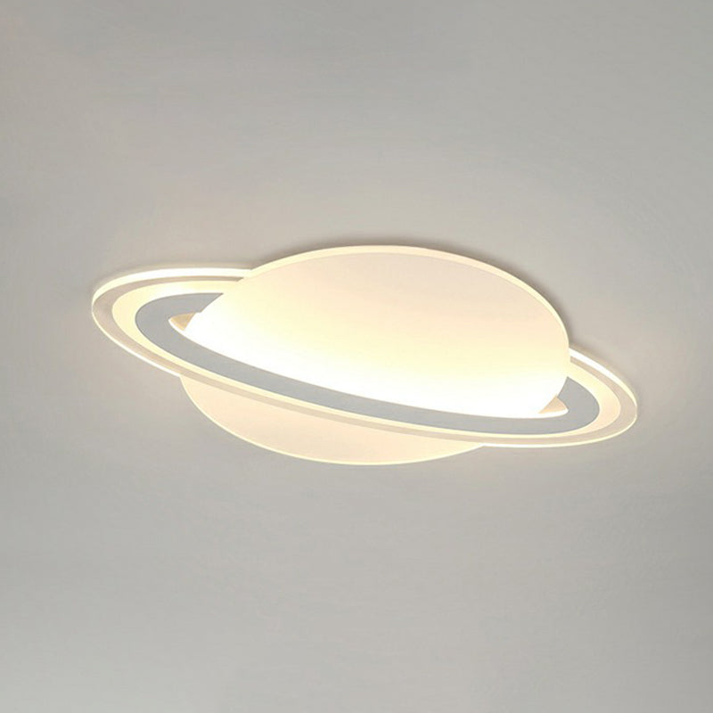 Minimalist LED Flush Lamp for Kid's Bedroom: Ringed Planet Ceiling Light in White