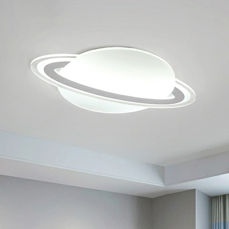 Minimalist LED Flush Lamp for Kid's Bedroom: Ringed Planet Ceiling Light in White