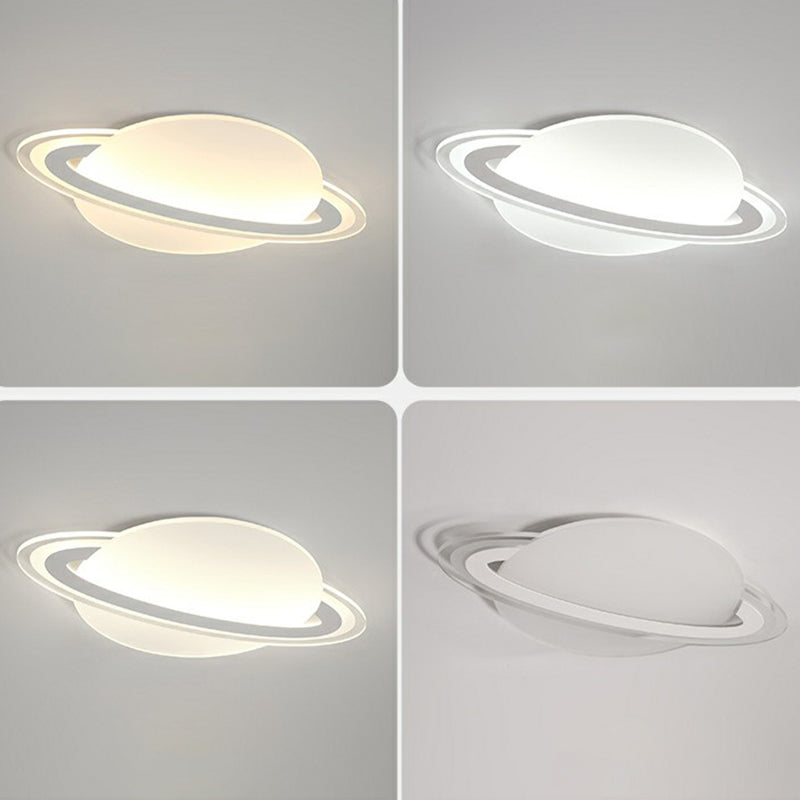 Minimalist LED Flush Lamp for Kid's Bedroom: Ringed Planet Ceiling Light in White