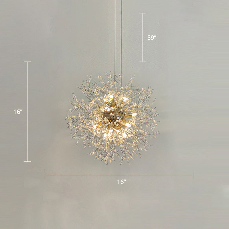 Stylish Dandelion Chandelier with Clear Crystal Beads - Modern LED Ceiling Light for Bedroom - Brass Finish