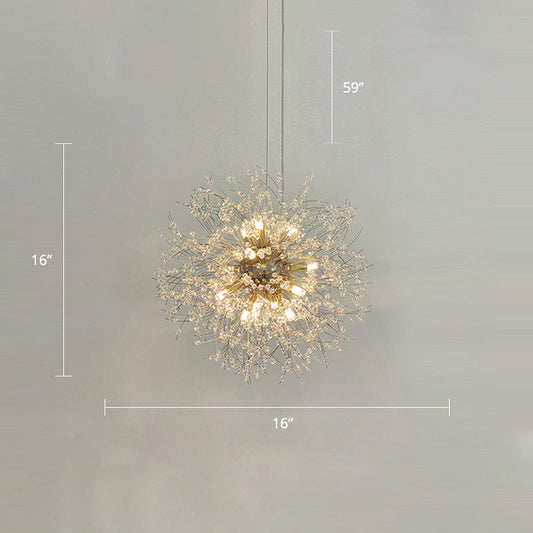 Stylish Dandelion Chandelier with Clear Crystal Beads - Modern LED Ceiling Light for Bedroom - Brass Finish