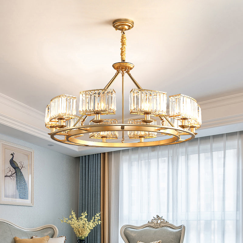 Lustre à prisme en cristal post-moderne avec finition dorée pour salon