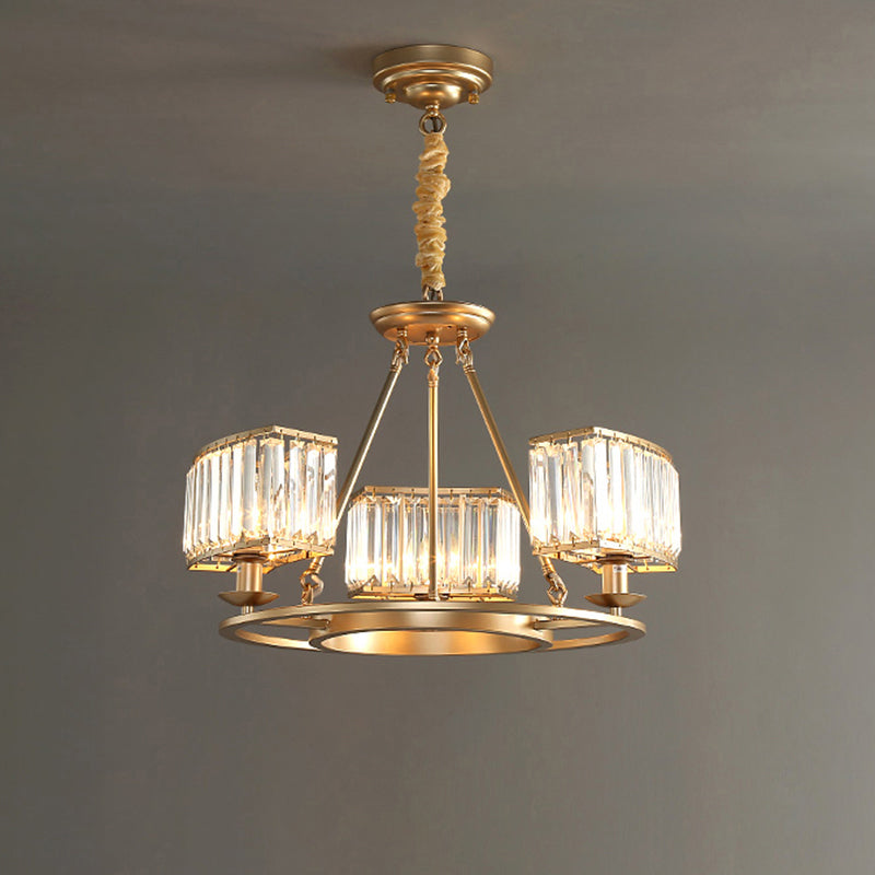 Lustre à prisme en cristal post-moderne avec finition dorée pour salon