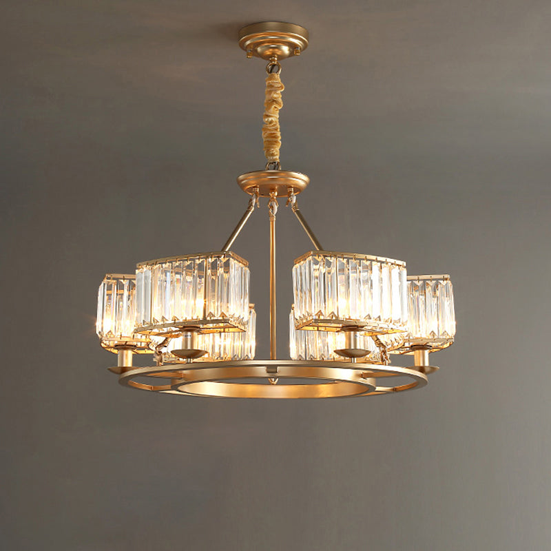 Lustre à prisme en cristal post-moderne avec finition dorée pour salon