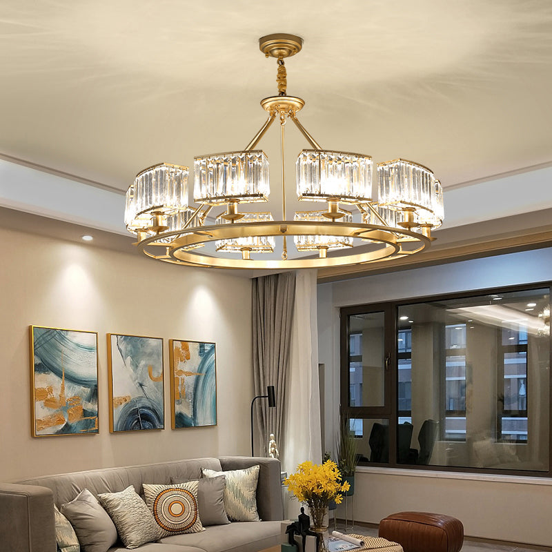 Lustre à prisme en cristal post-moderne avec finition dorée pour salon