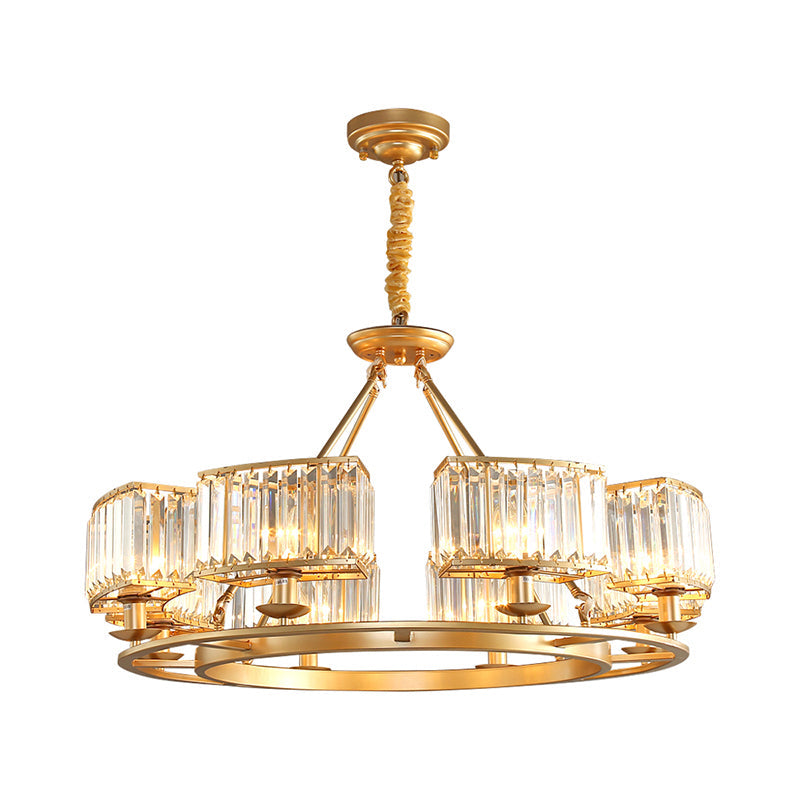 Lustre à prisme en cristal post-moderne avec finition dorée pour salon