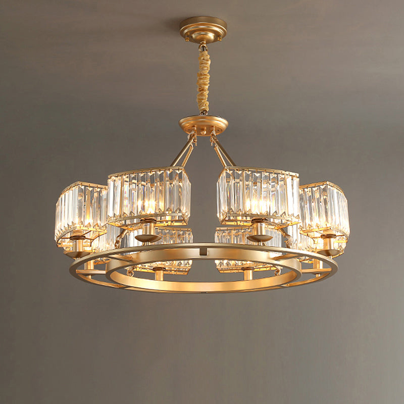 Lustre à prisme en cristal post-moderne avec finition dorée pour salon