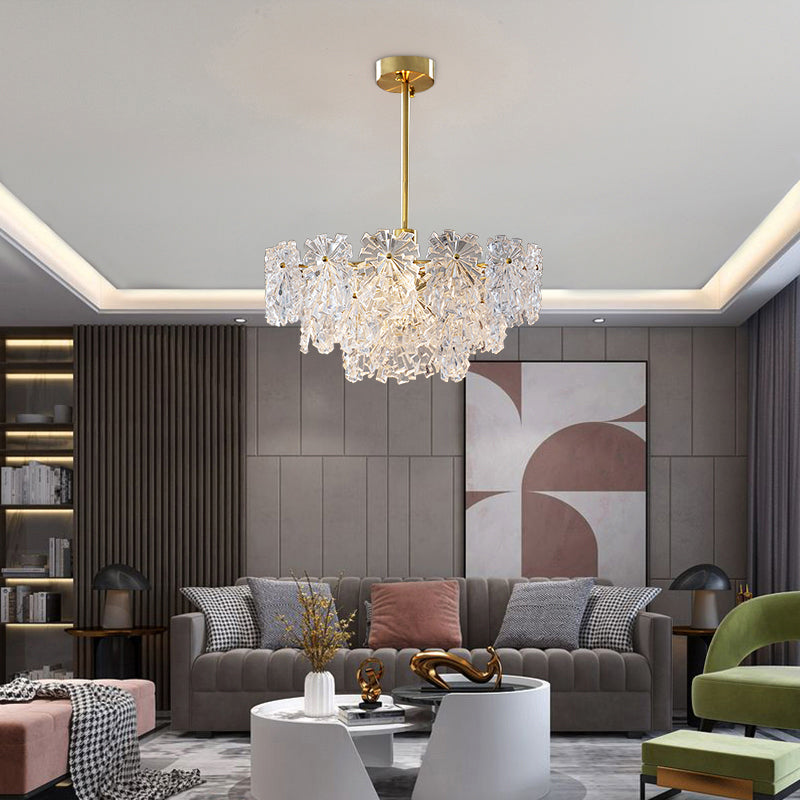 Lustre en verre floral avec finition en laiton postmoderne : luminaire suspendu élégant à plusieurs niveaux pour le salon