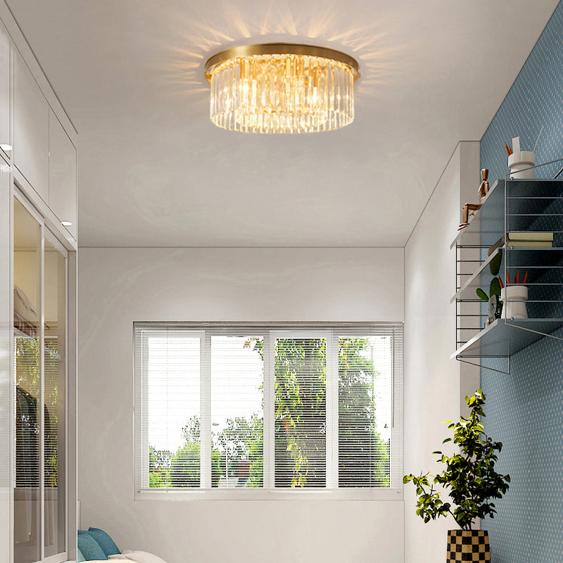 Prismatic Crystal Drum Flushmount Brass Ceiling Light for Living Room