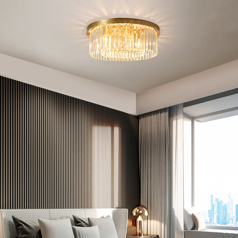 Prismatic Crystal Drum Flushmount Brass Ceiling Light for Living Room