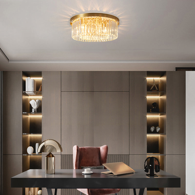 Prismatic Crystal Drum Flushmount Brass Ceiling Light for Living Room