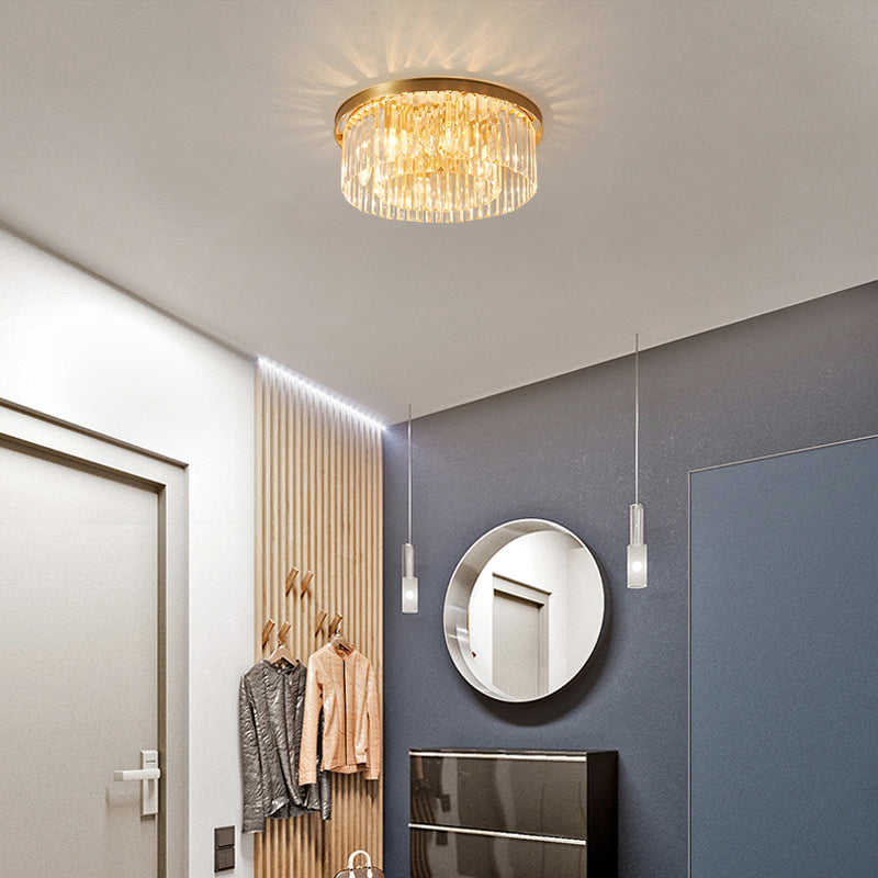 Prismatic Crystal Drum Flushmount Brass Ceiling Light for Living Room