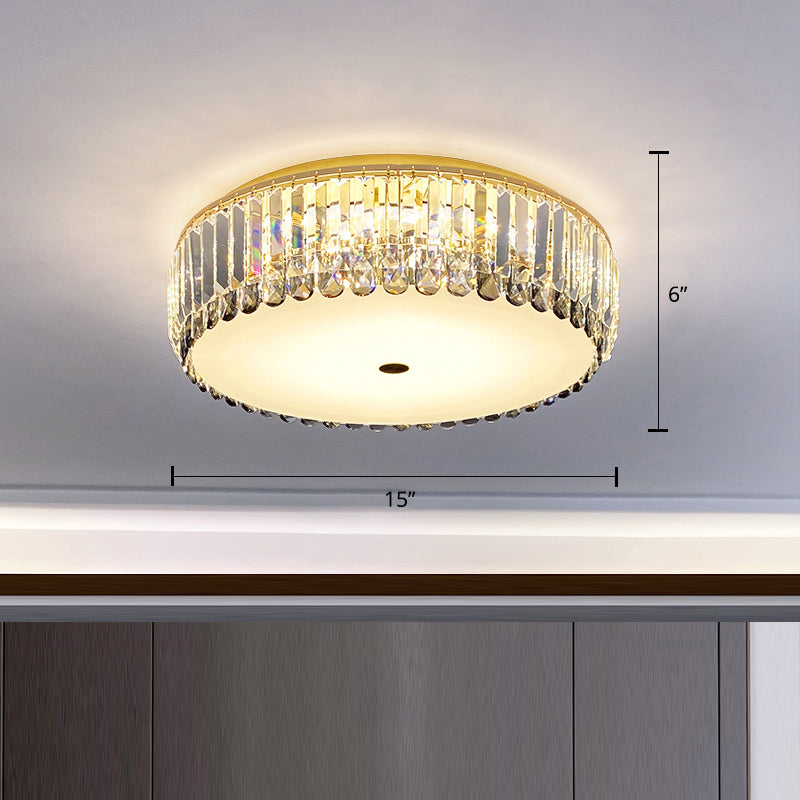 Crystal LED Flush-Mount Ceiling Light with Brass Finish Drum Shape - Simplistic Elegance