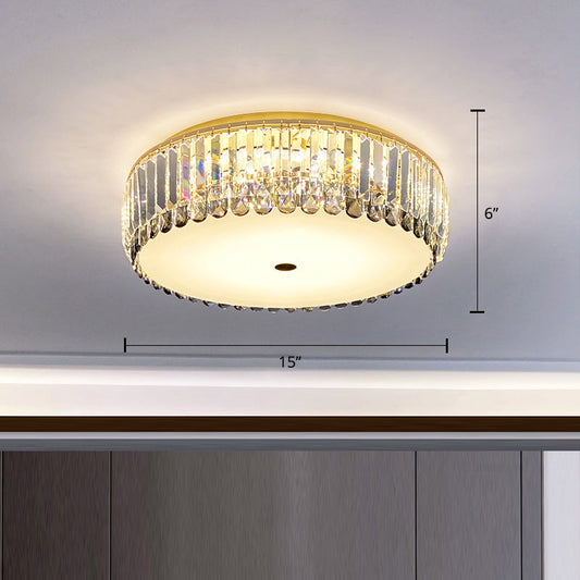 Crystal LED Flush-Mount Ceiling Light with Brass Finish Drum Shape - Simplistic Elegance