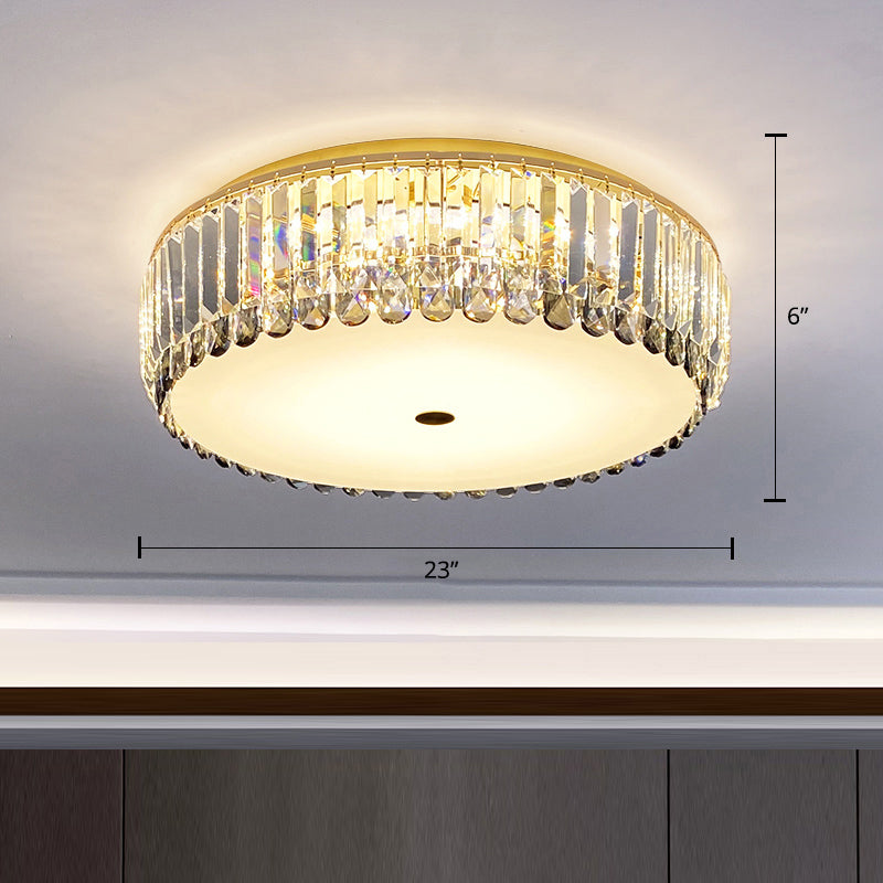 Crystal LED Flush-Mount Ceiling Light with Brass Finish Drum Shape - Simplistic Elegance